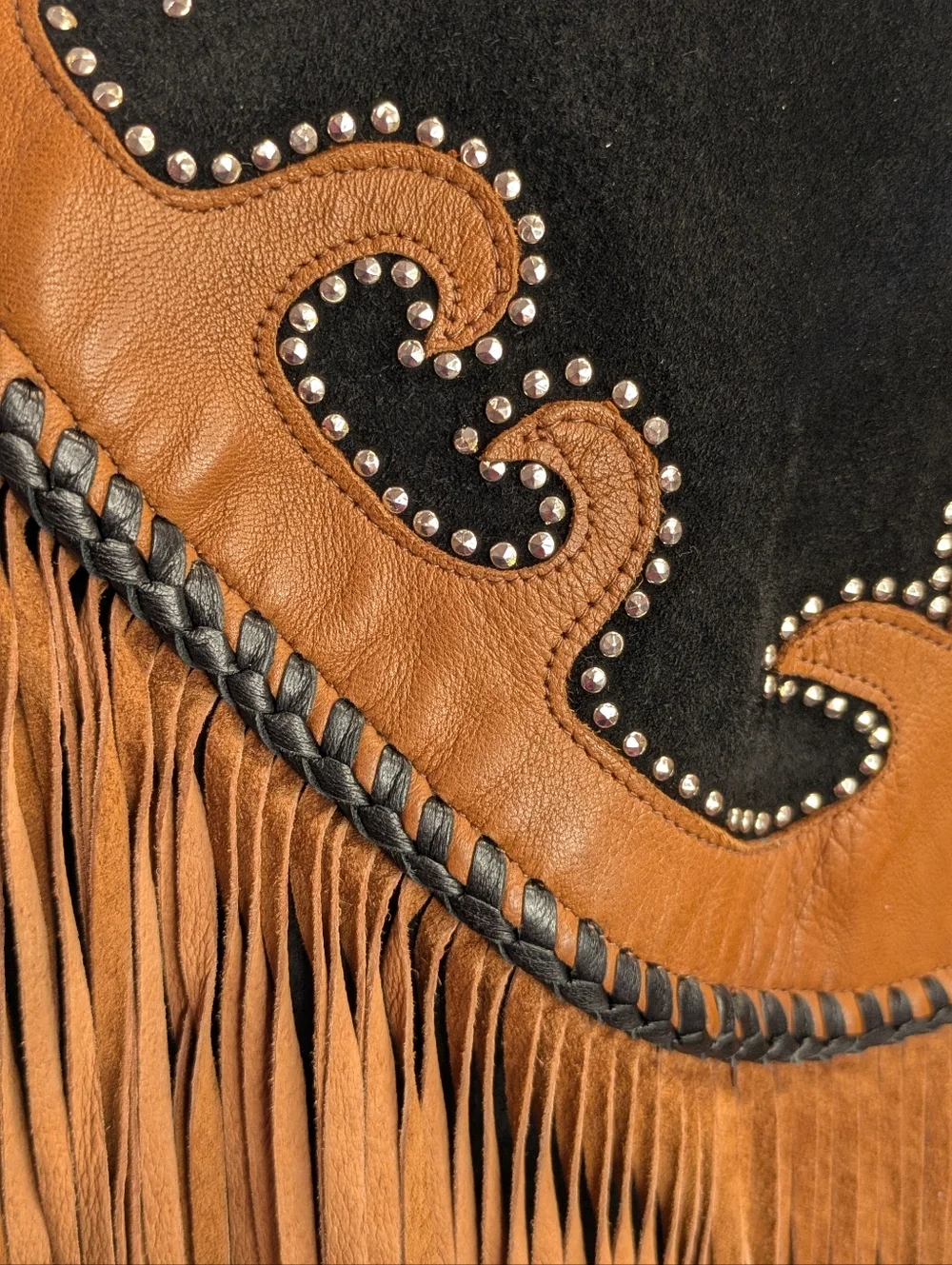 Vintage Diamond Leather Black And Brown Western Jacket Fringe Studs Made In USA - Picture 8 of 10